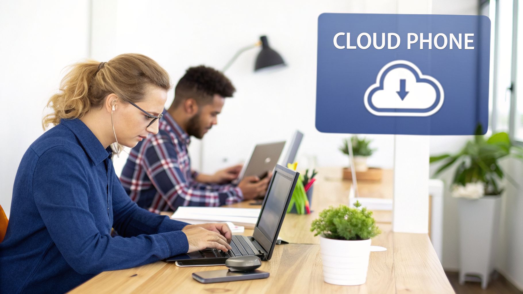 Two people working on laptops in an office, with a 'CLOUD PHONE' graphic above.