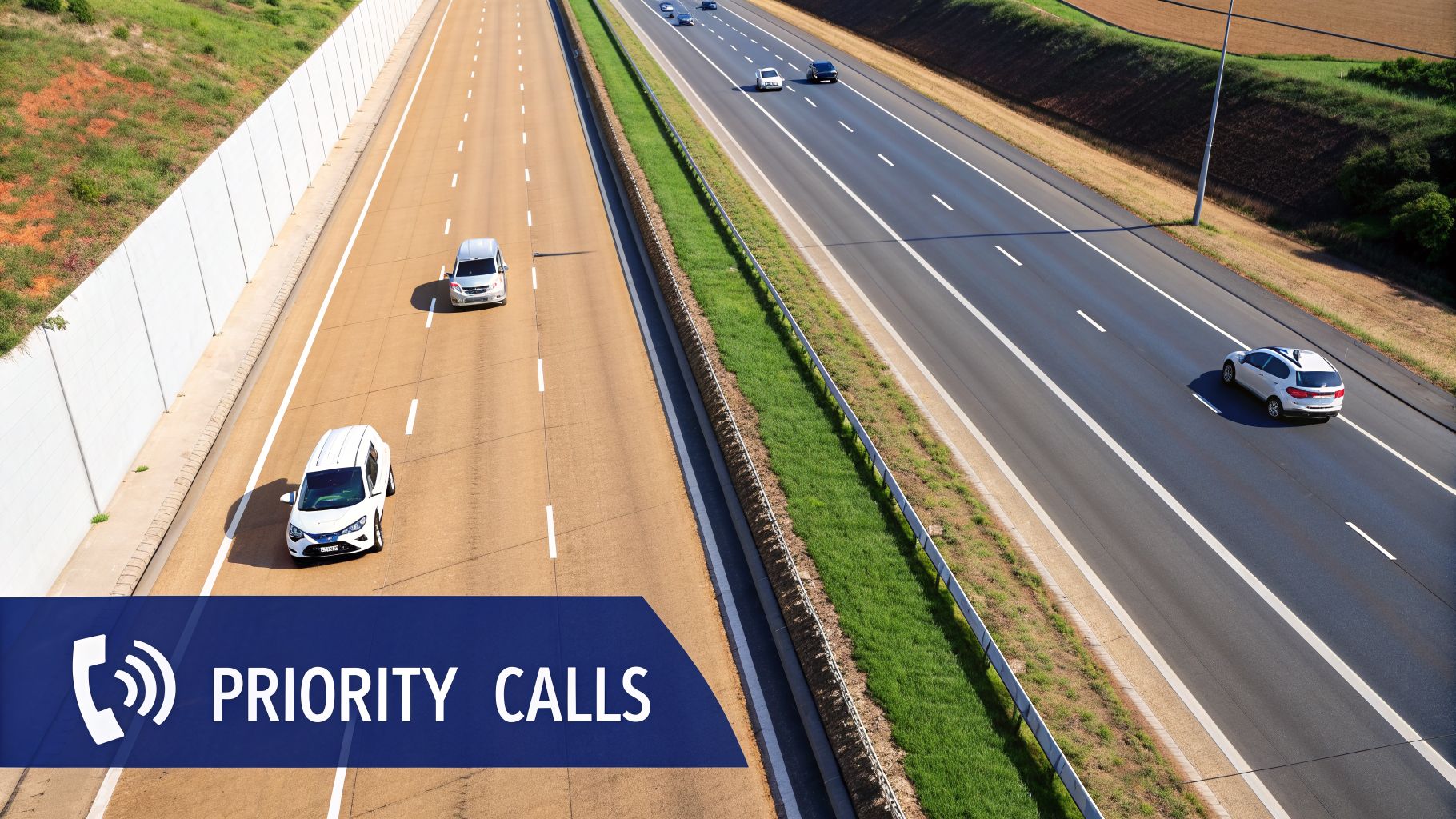 Aerial view of a multi-lane highway with cars, featuring a 'PRIORITY CALLS' banner.