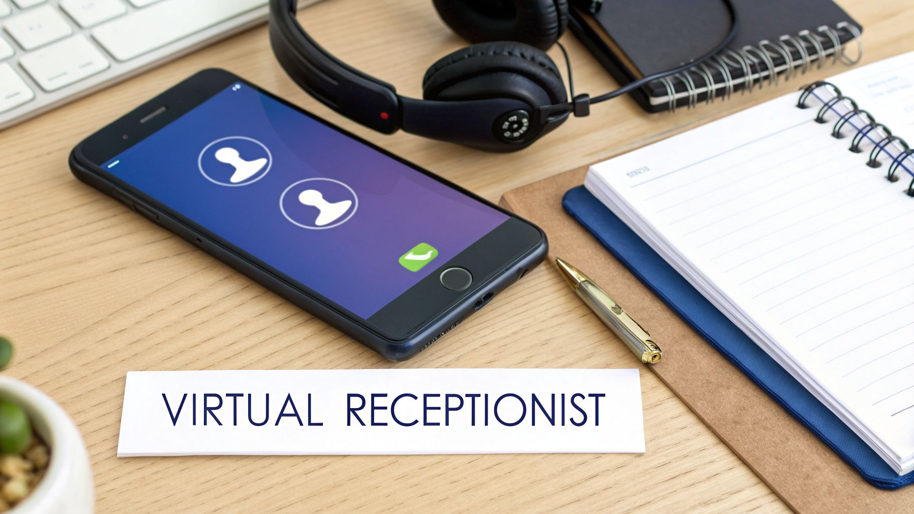 A smartphone displays a call screen, accompanied by a 'VIRTUAL RECEPTIONIST' sign on a desk.