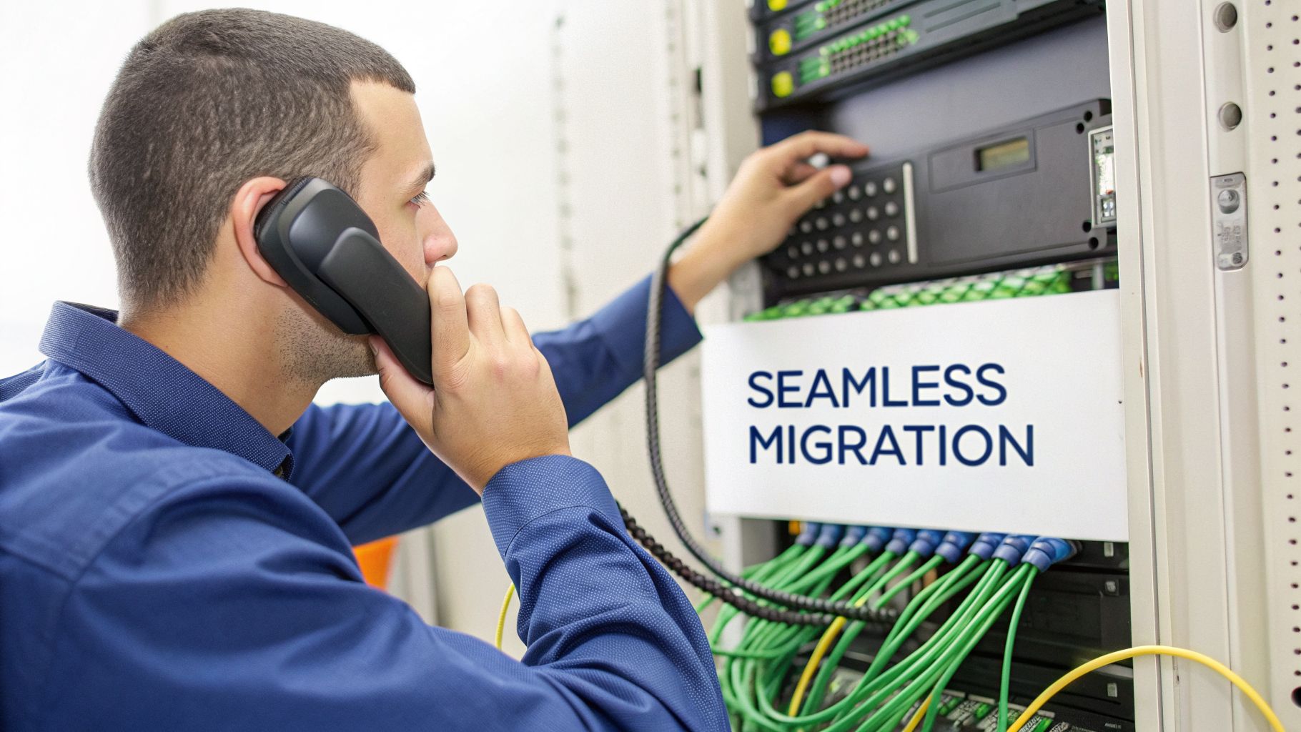 Man on phone working on server rack in data center with 'Seamless Migration' sign.