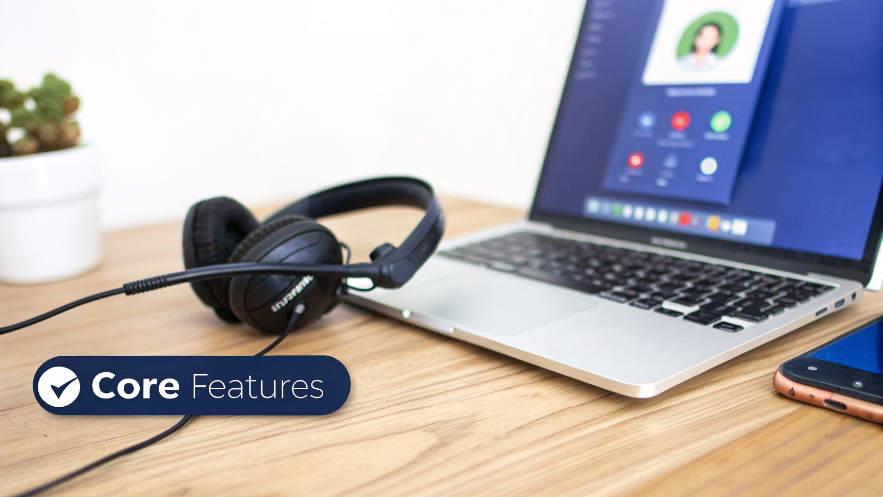 A laptop showing a video call, headphones, and a smartphone on a wooden desk with a 'Core Features' banner.