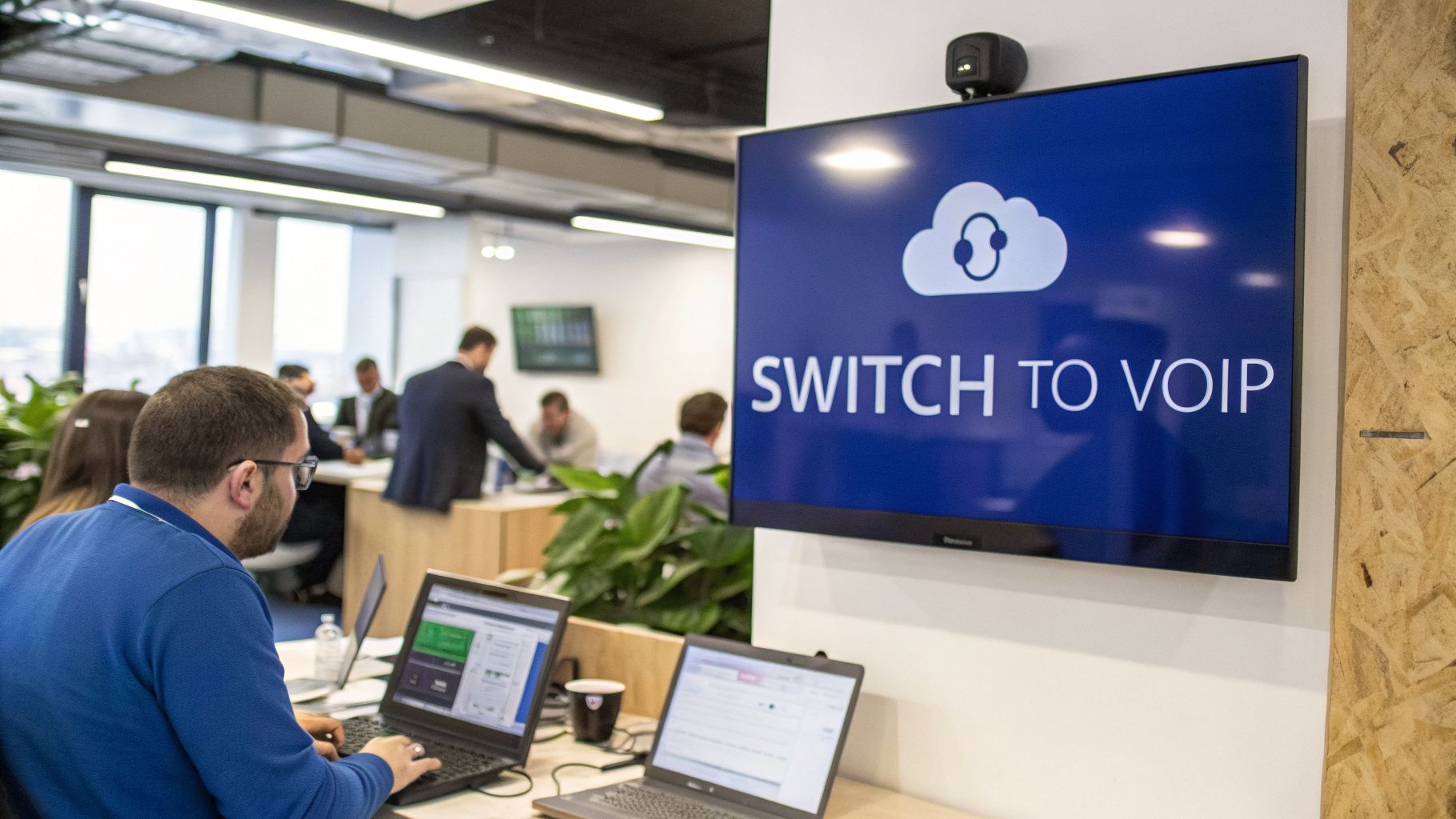 A modern office with a large screen promoting 'SWITCH TO VOIP' and employees working on laptops.