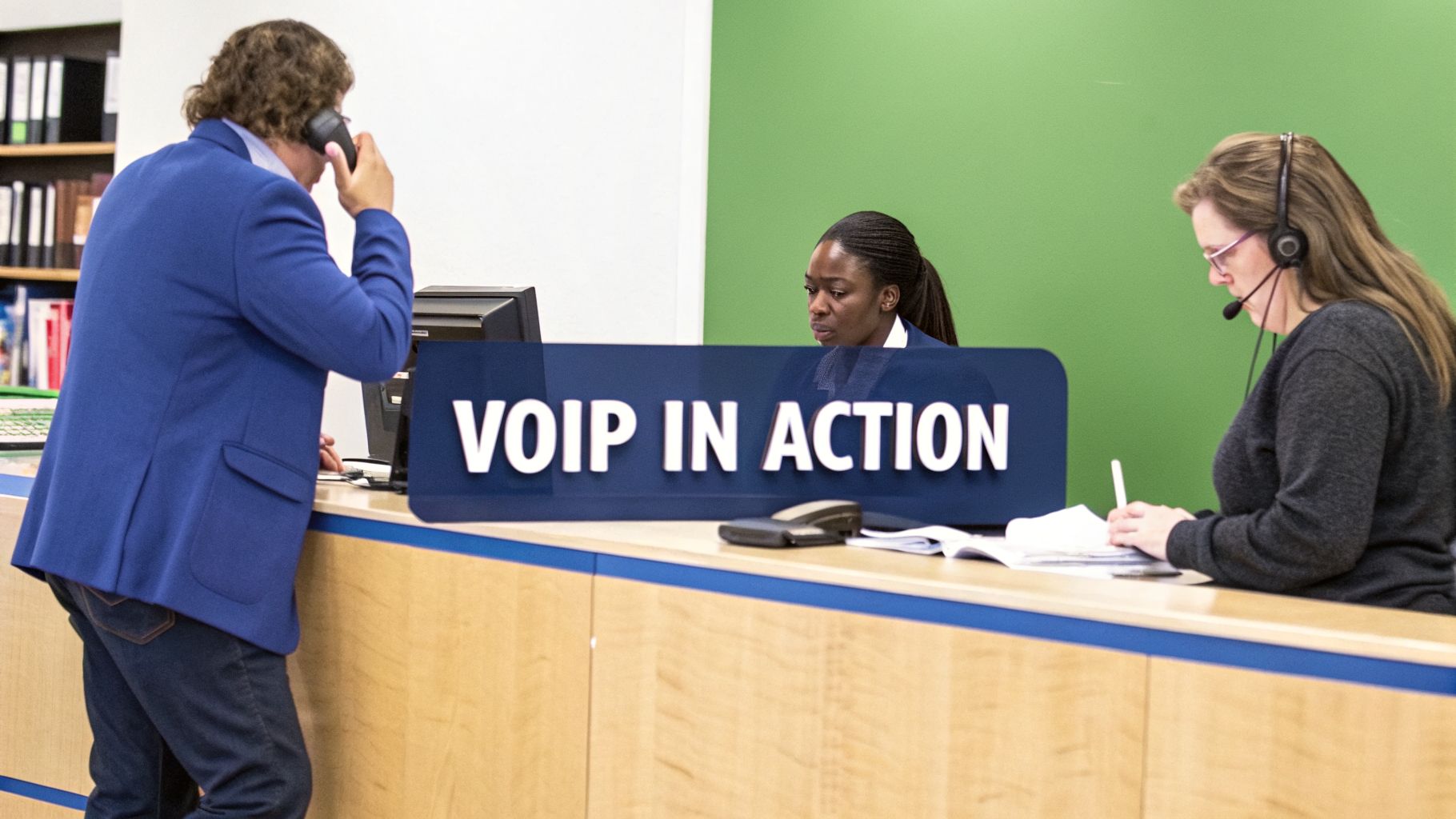 Three professionals demonstrate a VOIP business system in action at a customer service desk.