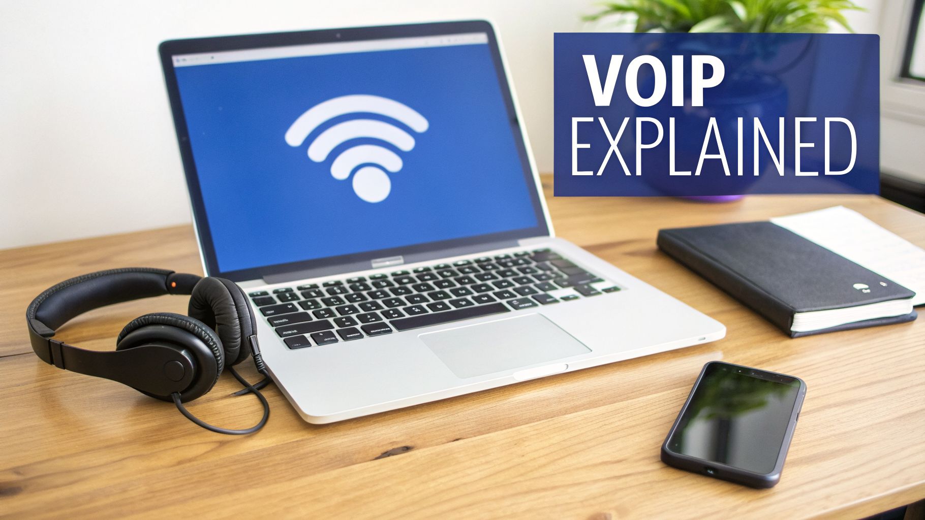 A modern desk setup featuring a laptop with a Wi-Fi symbol, headphones, smartphone, and a notebook. Text: VOIP Explained.