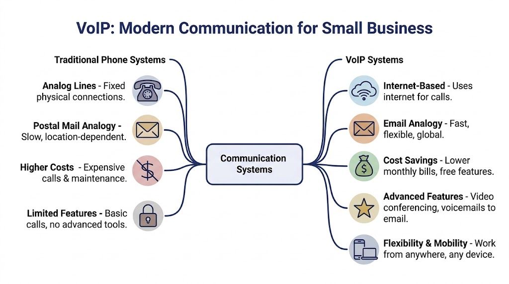 A comparison diagram illustrating the differences between traditional phone systems and modern VoIP communication systems.