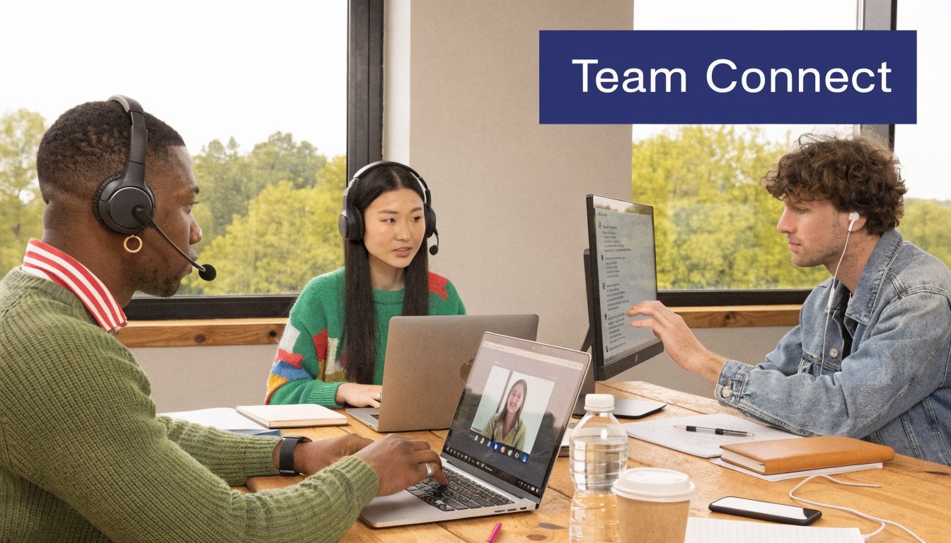 Three diverse colleagues collaborating at an office desk during a remote video conferencing meeting on laptops.