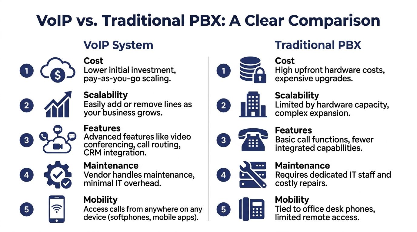 A comparison chart highlighting the key differences between VoIP phone systems and traditional PBX office setups.