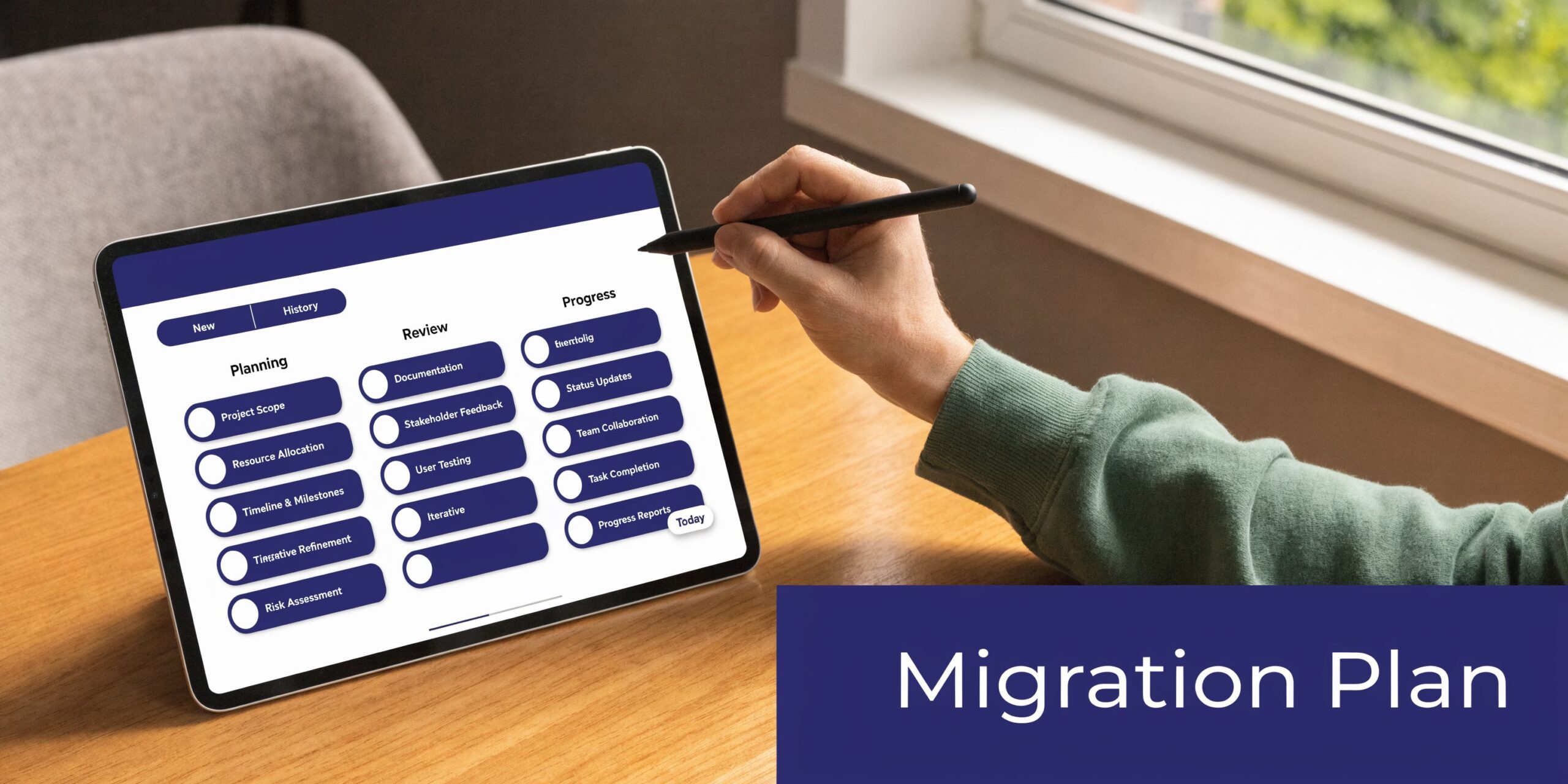 A person using a stylus on a tablet showing a digital project migration plan and task board.