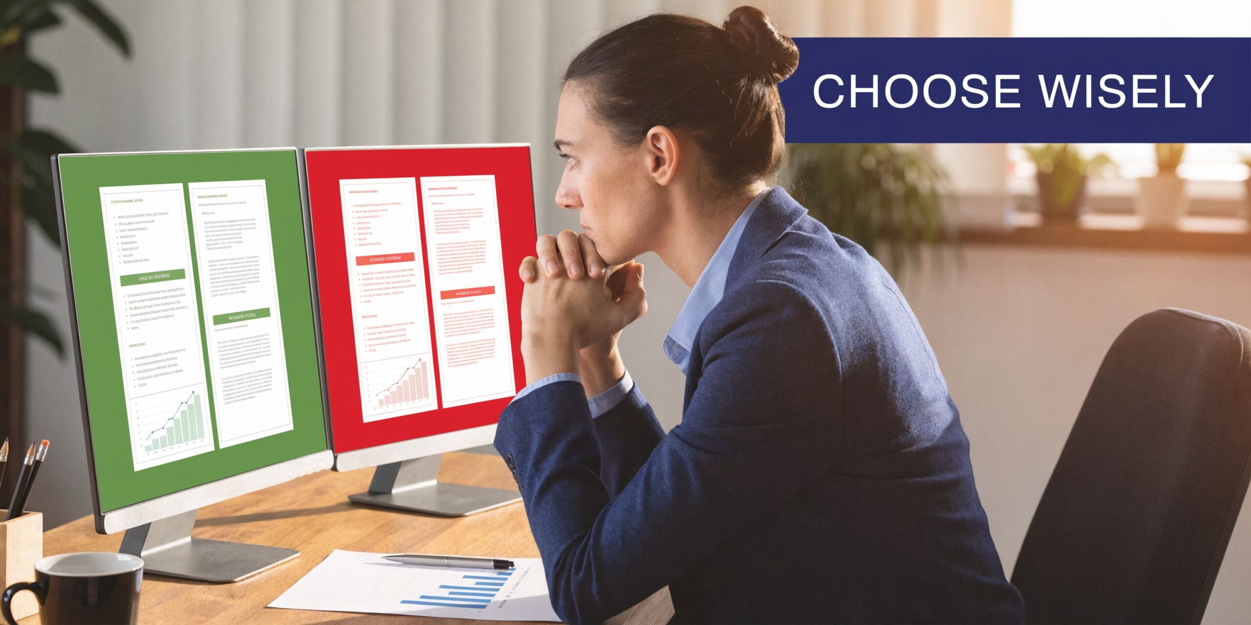 A professional woman in a suit considers options while looking at two computer screens.