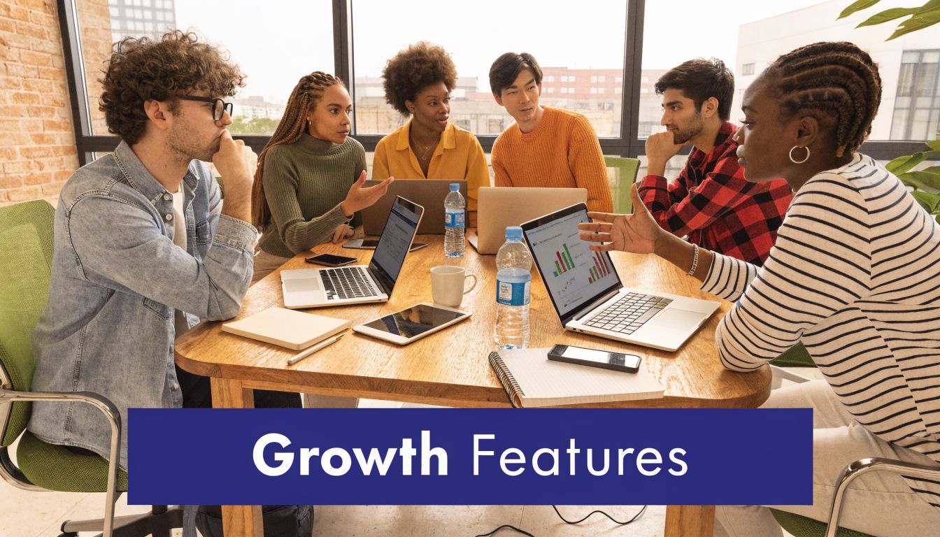 A diverse group of professionals working together around a wooden table in a bright modern office.