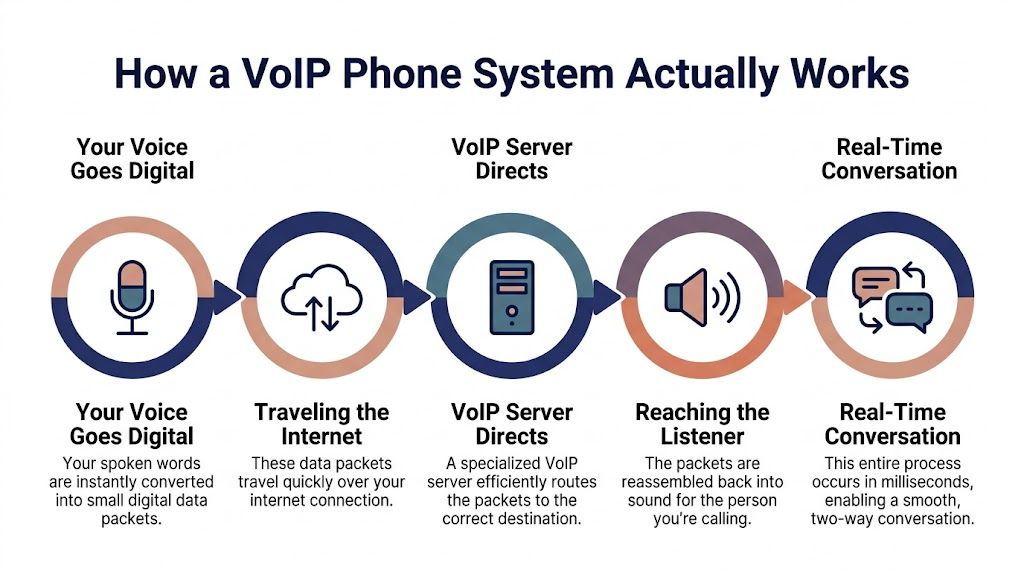 A flow chart illustrating how a VoIP phone system digitizes and transmits voice data across the internet.