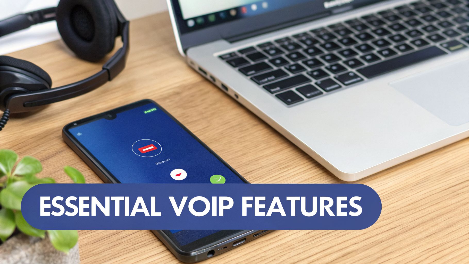 A wooden desk setup featuring headphones, a laptop, and a smartphone displaying an active VoIP call interface, emphasizing essential features.