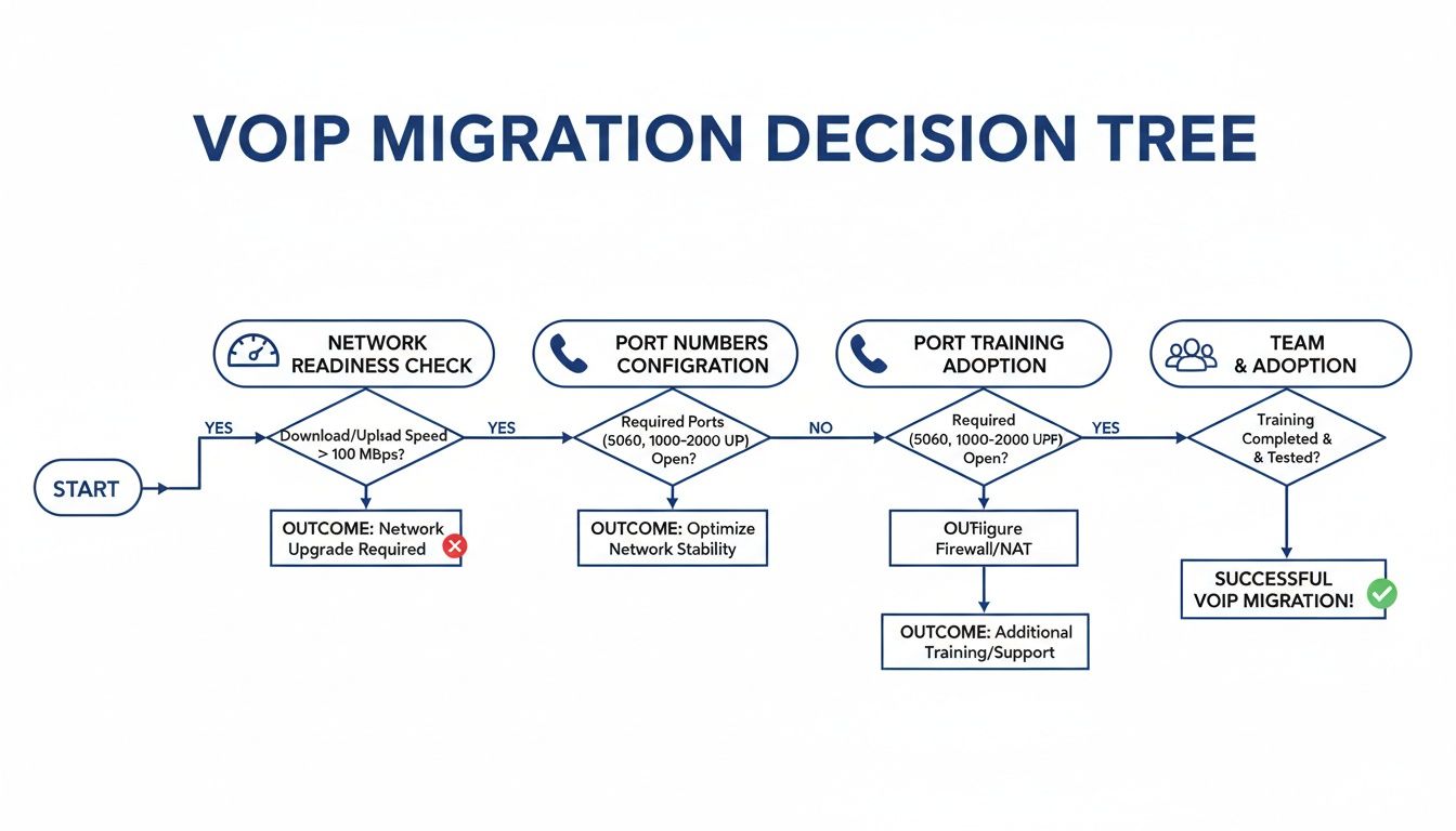 A detailed flowchart outlining the VoIP migration decision tree, covering network, port, and team readiness steps.