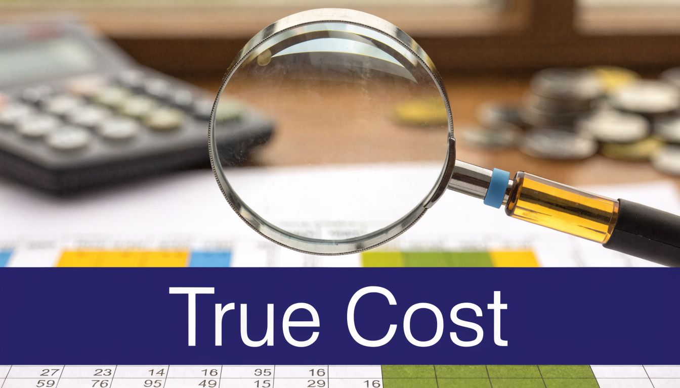 A magnifying glass positioned over a financial spreadsheet document representing the concept of true cost analysis.