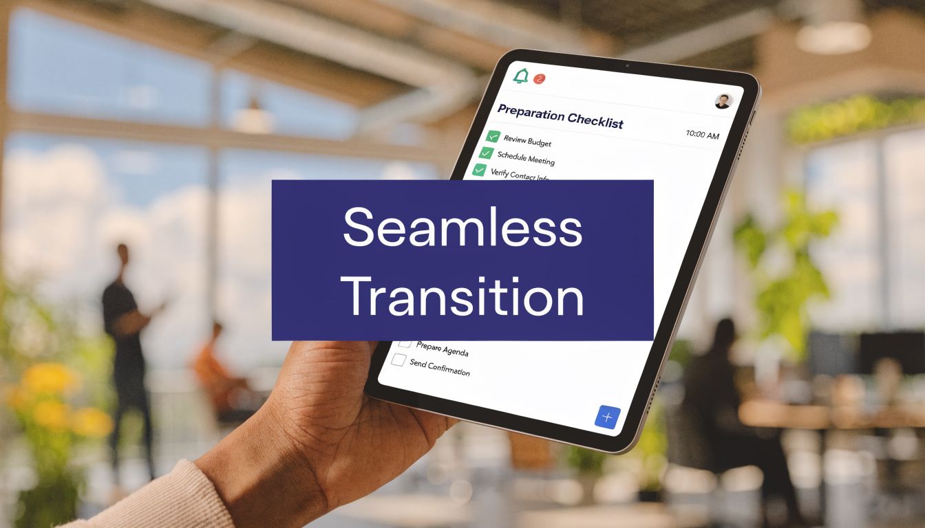 A hand holding a tablet displaying a professional digital checklist with a seamless transition overlay text.
