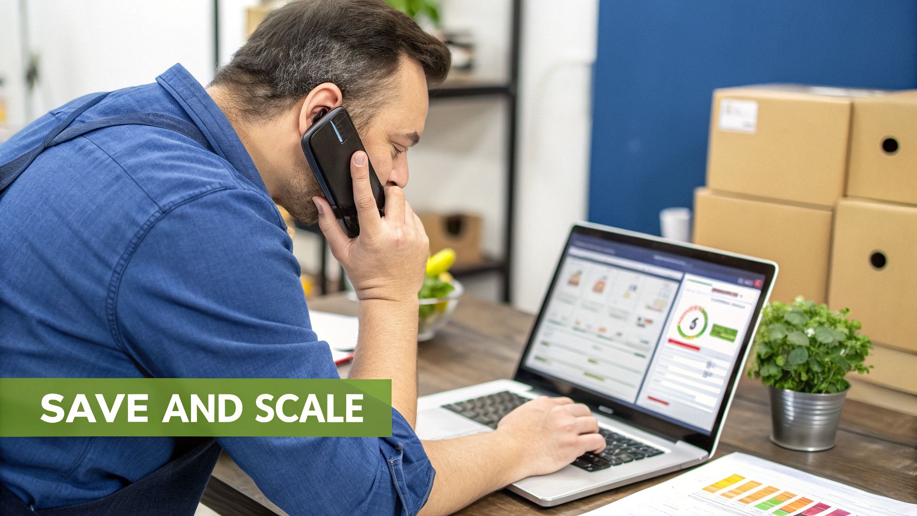 Man on phone and laptop, efficiently managing his small e-commerce business operations.