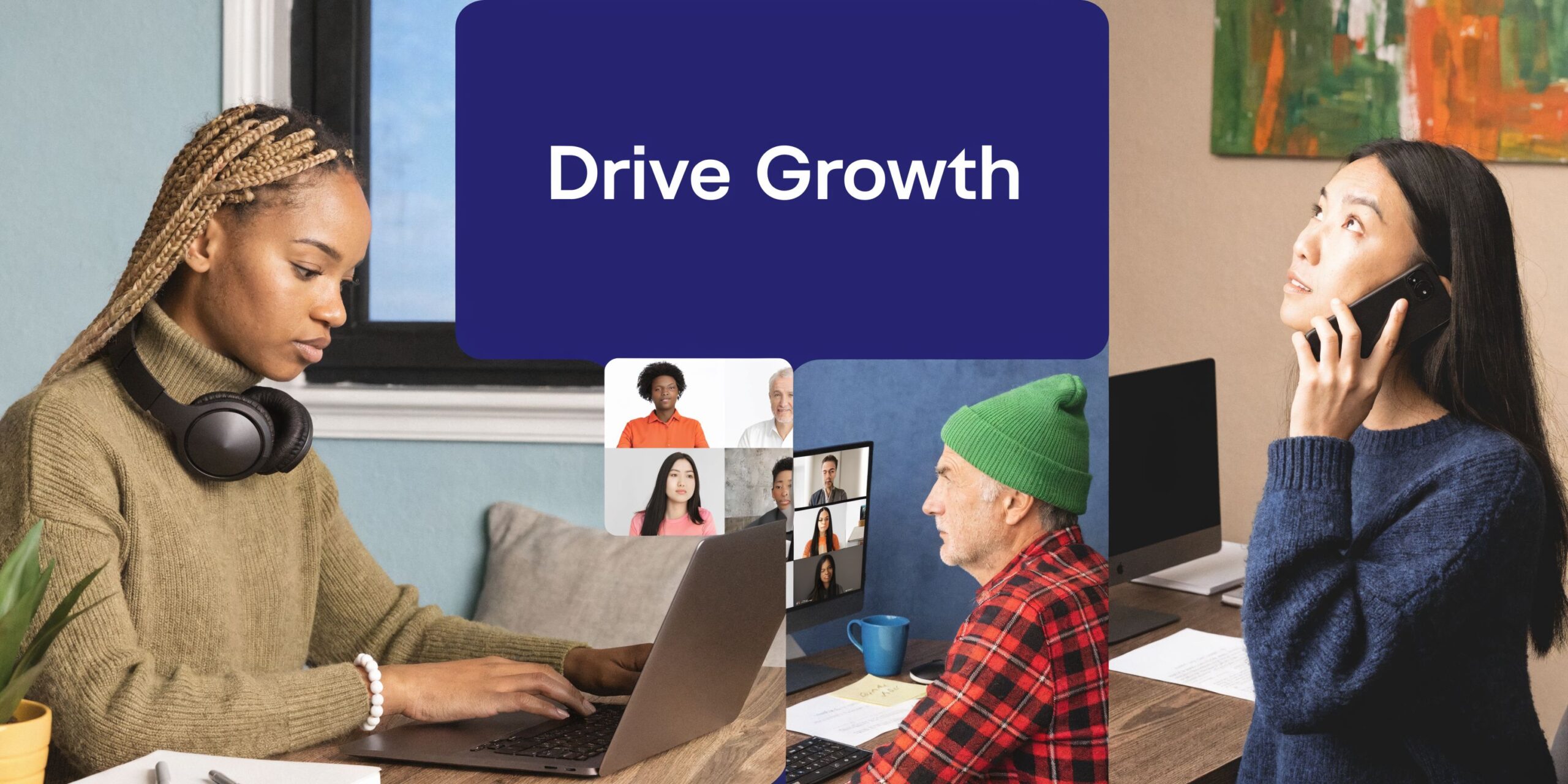 A split image showing diverse professionals working remotely and collaborating through virtual video conference calls.