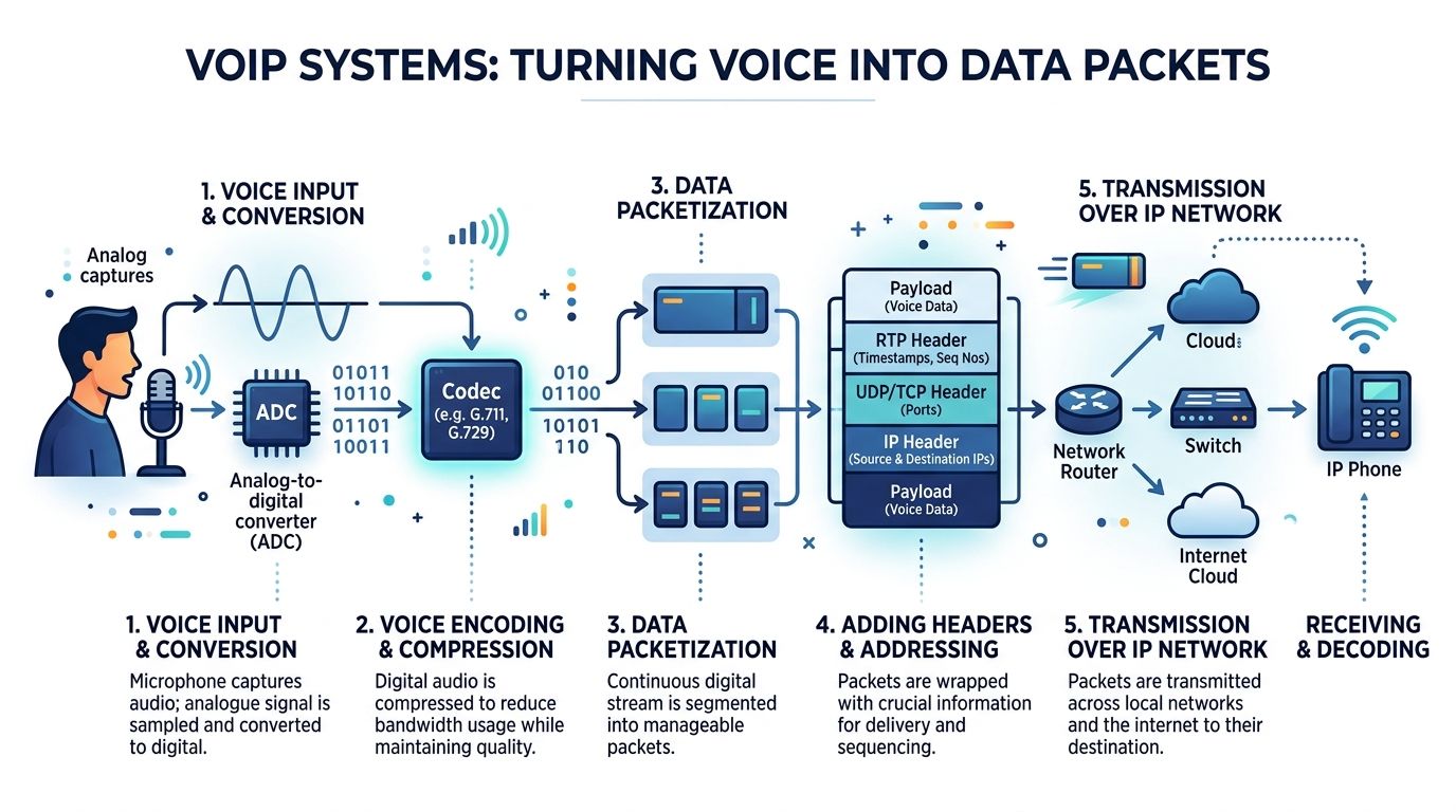 A diagram illustrating how VoIP systems convert human voice signals into digital data packets for network transmission.