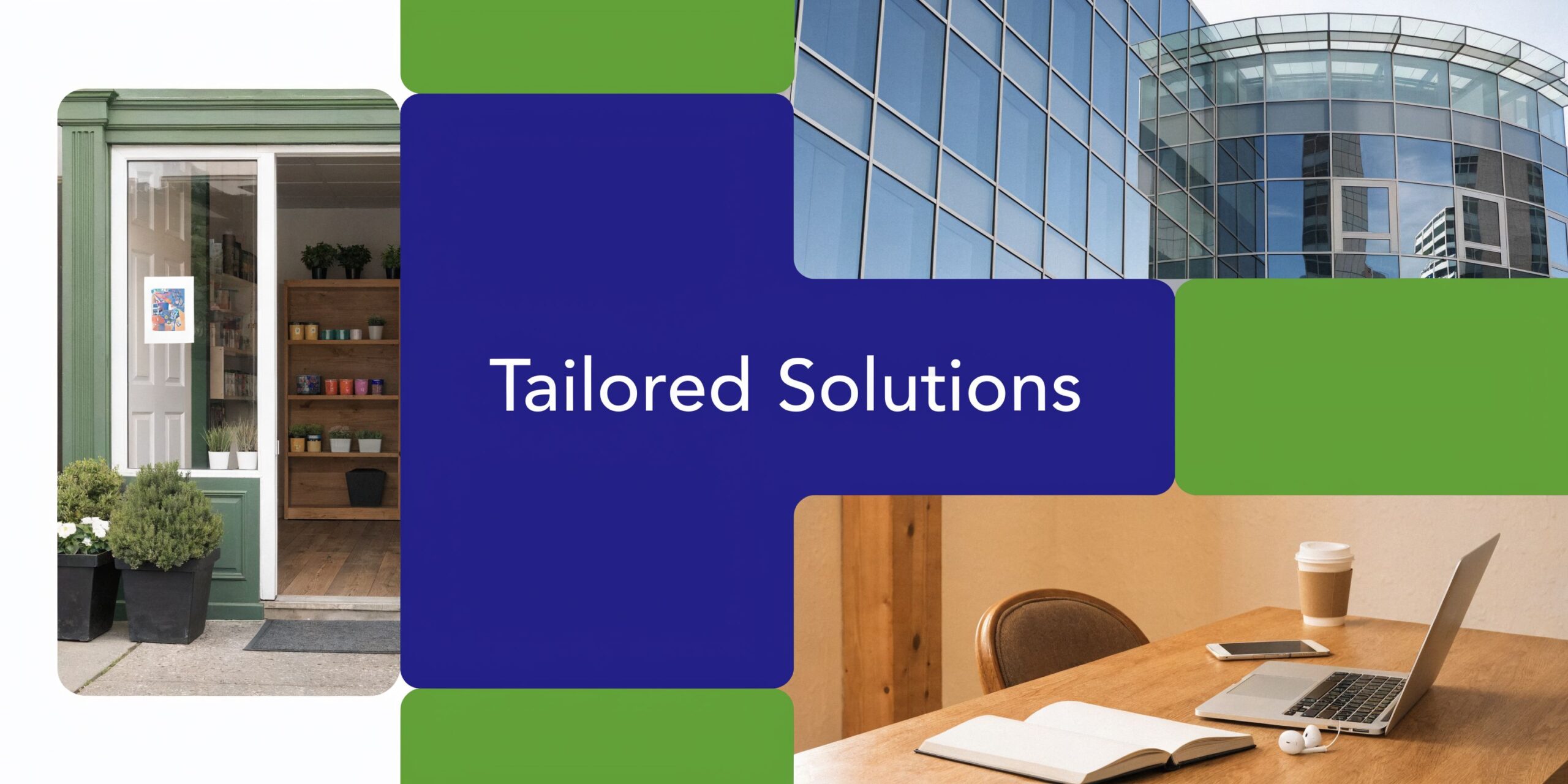 A collage showing a storefront, an office building, and a desk, symbolizing tailored VoIP business solutions.