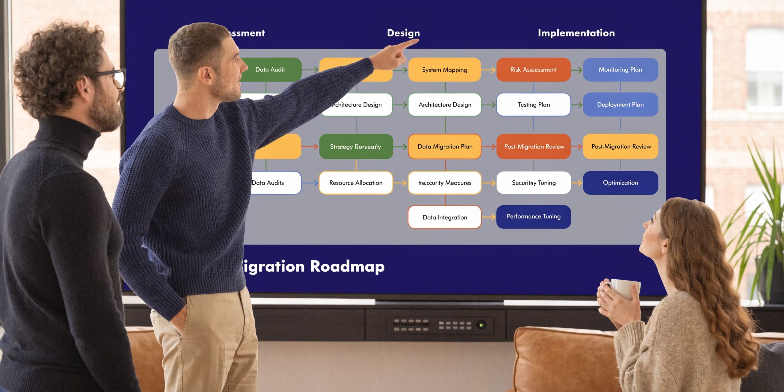 A professional team discussing a data migration roadmap strategy displayed on a large digital screen.