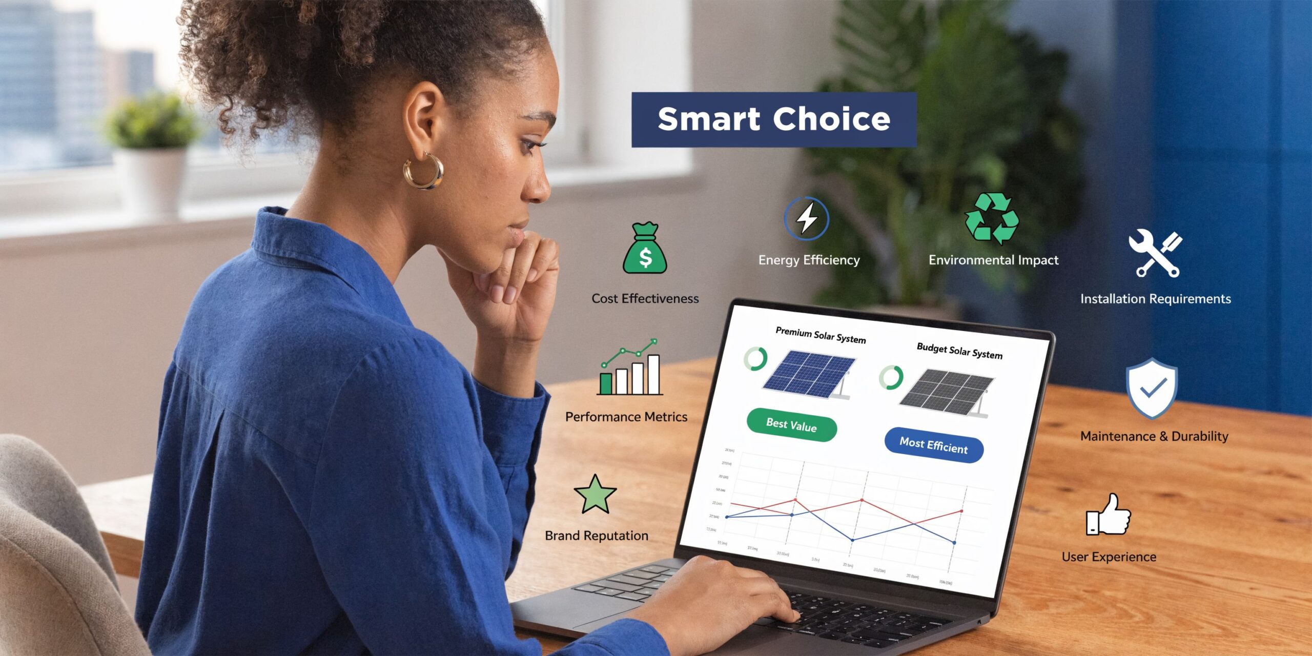 A woman researching and comparing different solar energy systems for her home on her laptop computer.