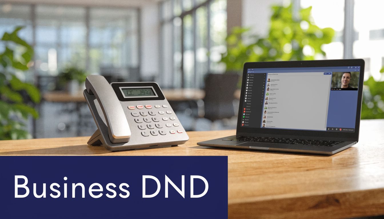 A modern desk featuring a landline office phone and a laptop displaying a business communication application.