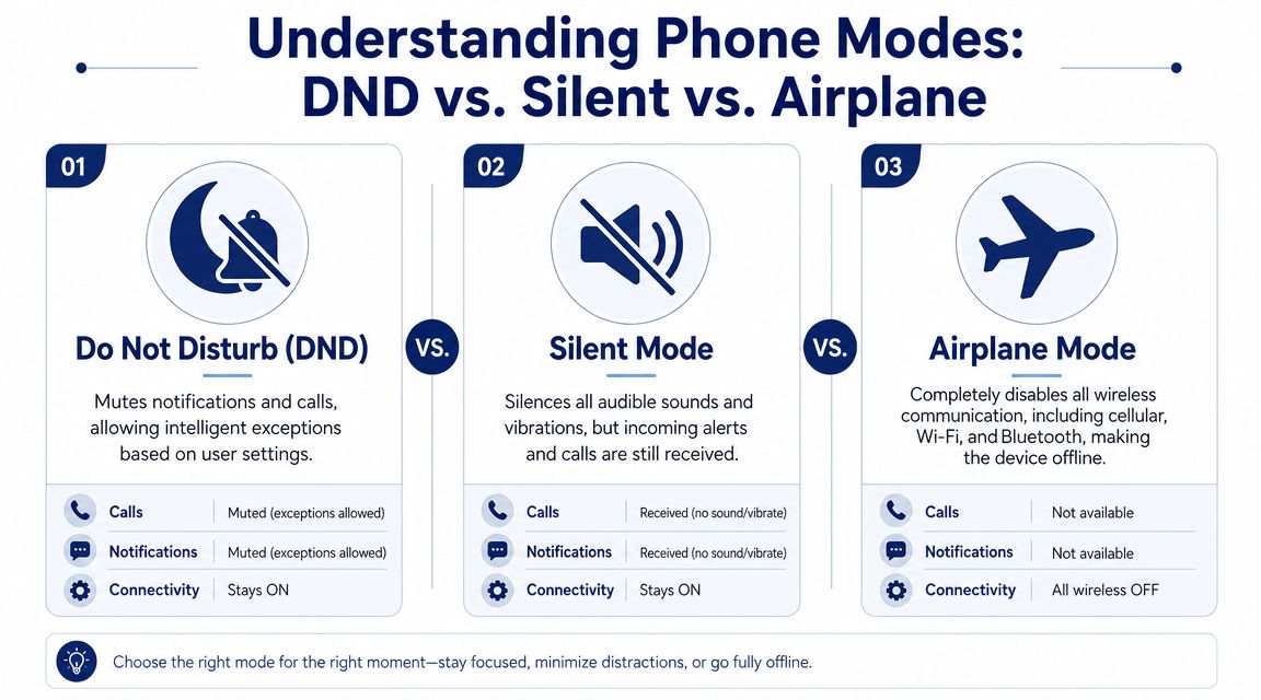An infographic comparing Do Not Disturb, Silent Mode, and Airplane Mode settings on smartphones.