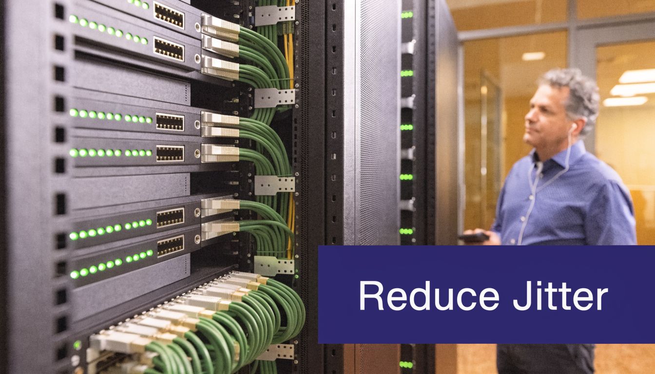 A professional technician monitoring network server equipment in a data center to help improve network performance.