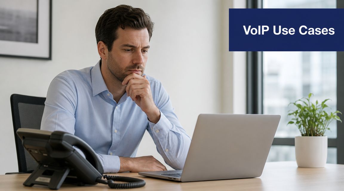 A professional man sitting at an office desk looking at his laptop computer with a desk phone.