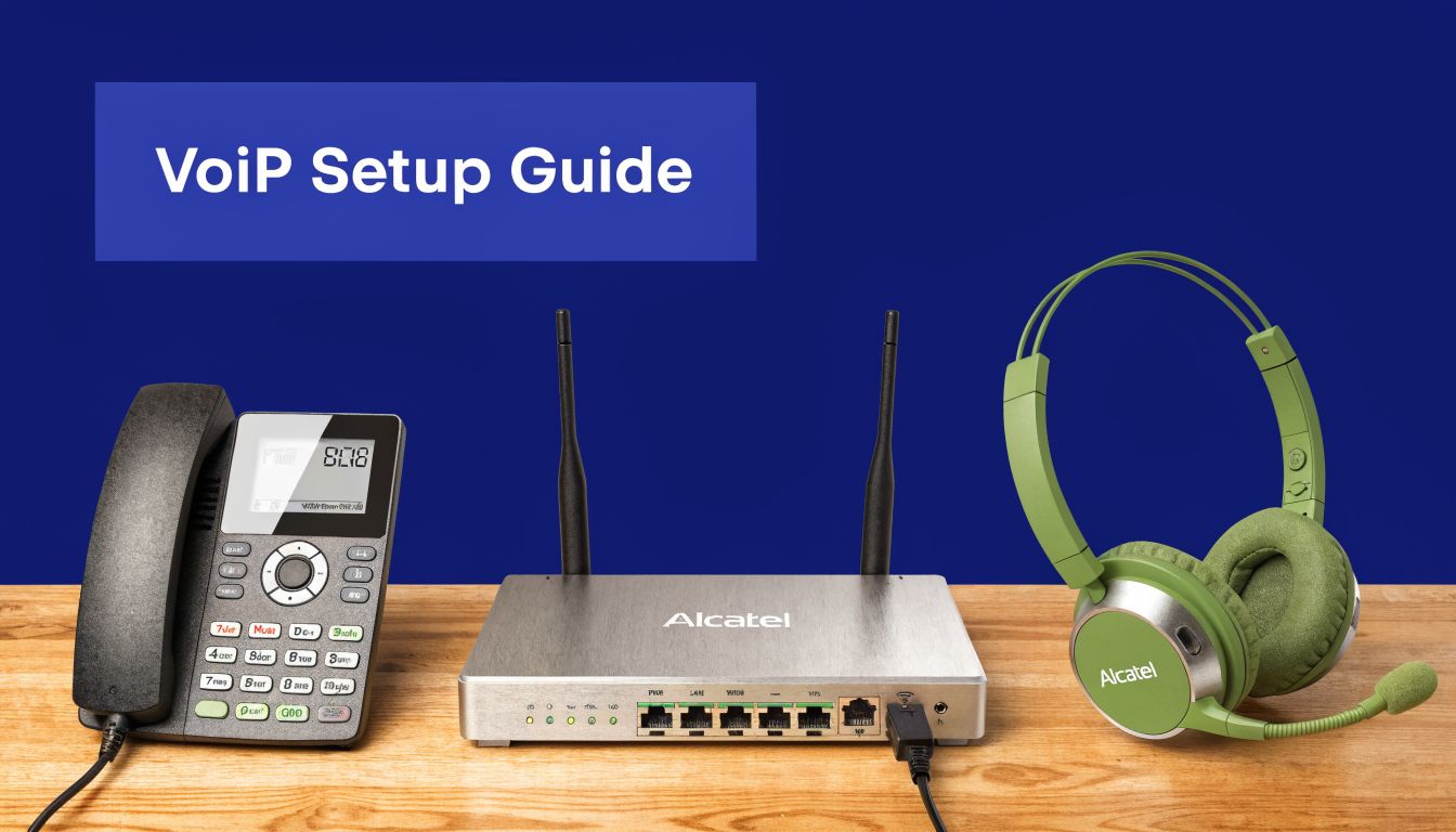 A VoIP setup guide featuring an Alcatel desk phone, an Alcatel wireless router, and green Alcatel headphones.