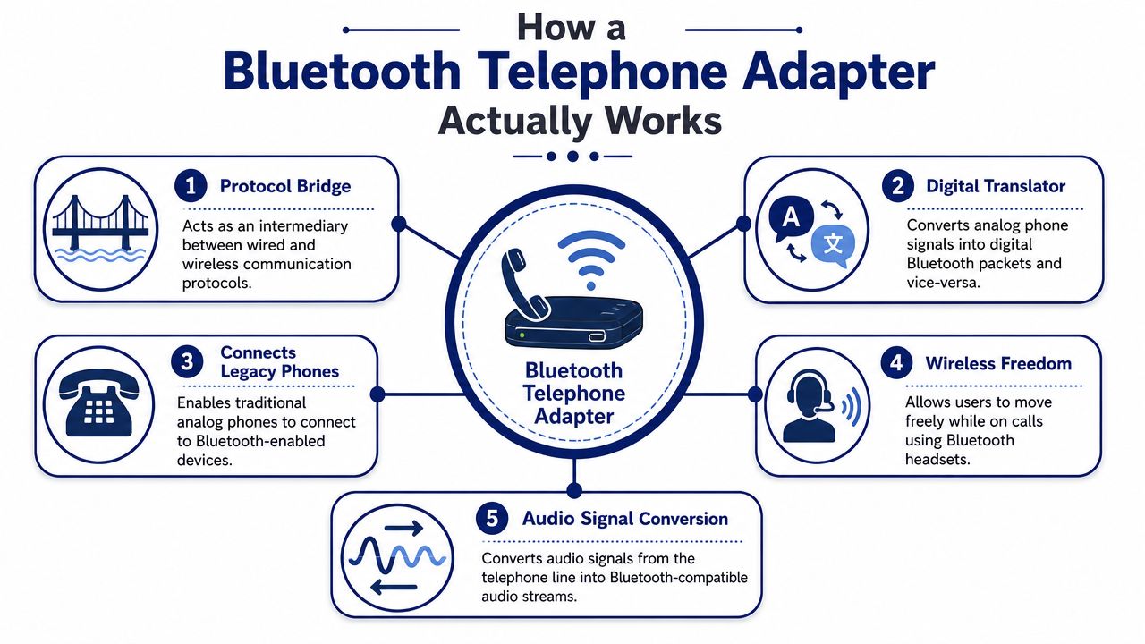 An infographic explaining how a Bluetooth telephone adapter bridges analog phones with wireless Bluetooth technology for audio.