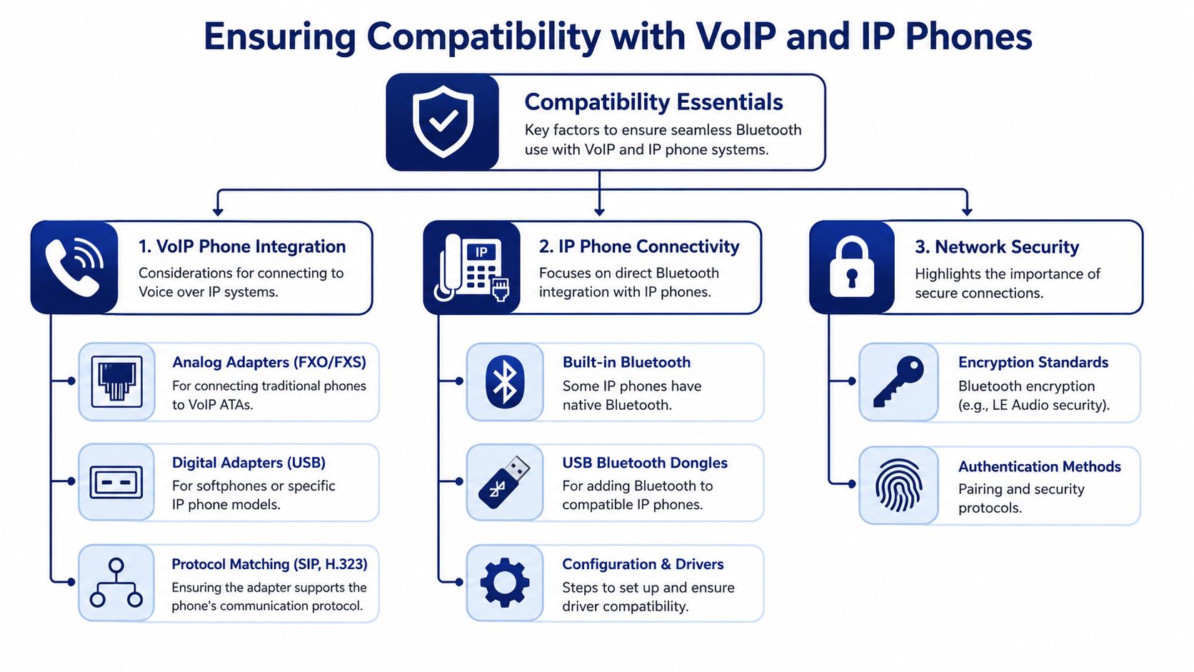 A flowchart outlining three essential factors for ensuring Bluetooth compatibility with VoIP and IP phone communication systems.