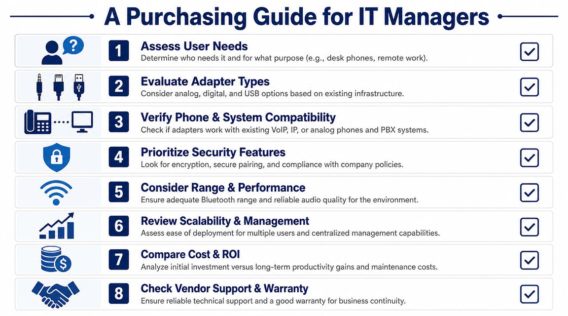 An infographic titled A Purchasing Guide for IT Managers listing eight steps for selecting communication equipment.