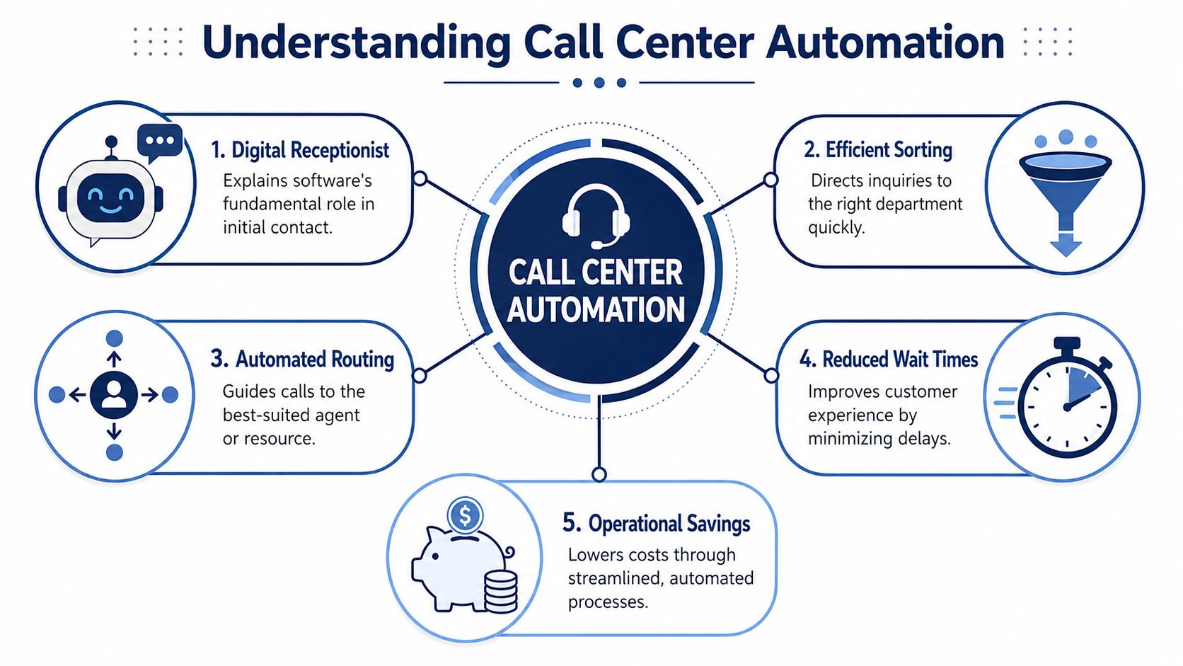 An infographic diagram outlining the five key benefits and components of modern call center automation software.