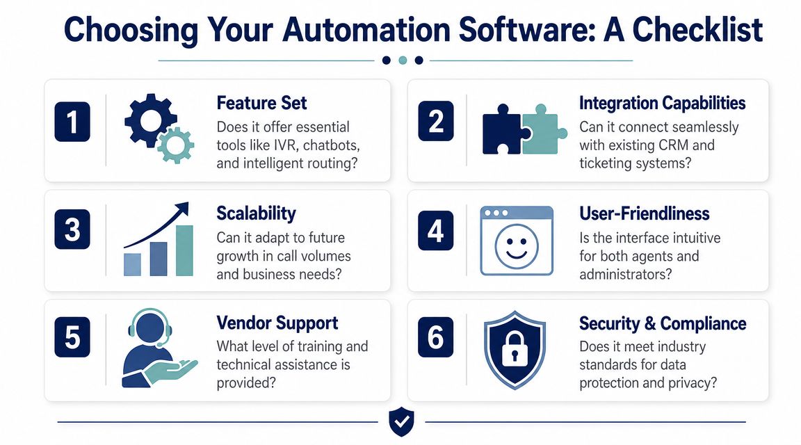 A checklist infographic titled Choosing Your Automation Software, outlining six key factors for selecting business software.