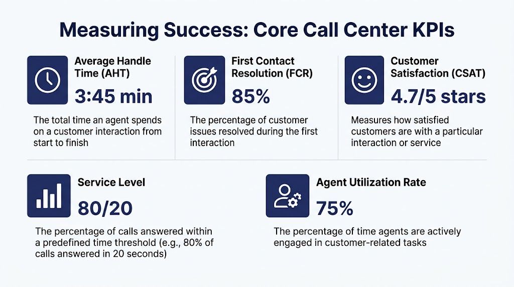 A graphic displaying five core call center key performance indicators including AHT, FCR, CSAT, service level, and utilization.