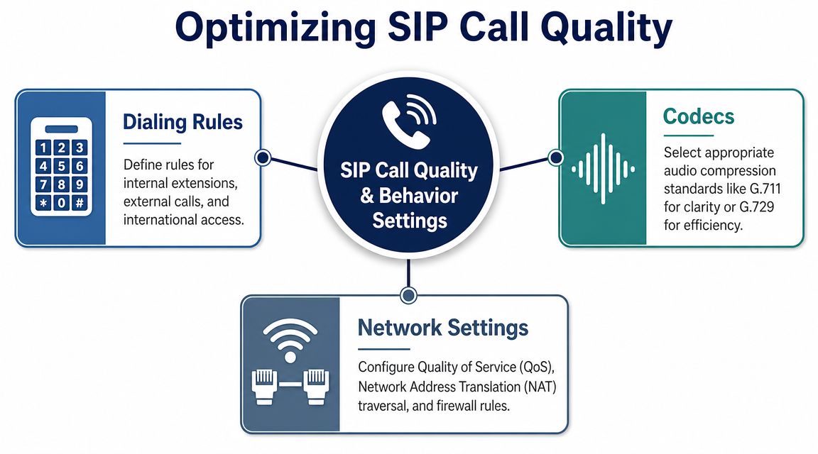 A diagram outlining key factors for optimizing SIP call quality including dialing rules, codecs, and network settings.