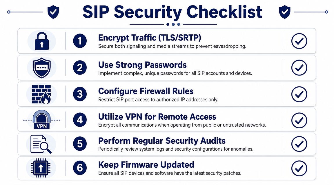 A six-step SIP security checklist infographic explaining essential best practices for securing VoIP communication systems and networks.
