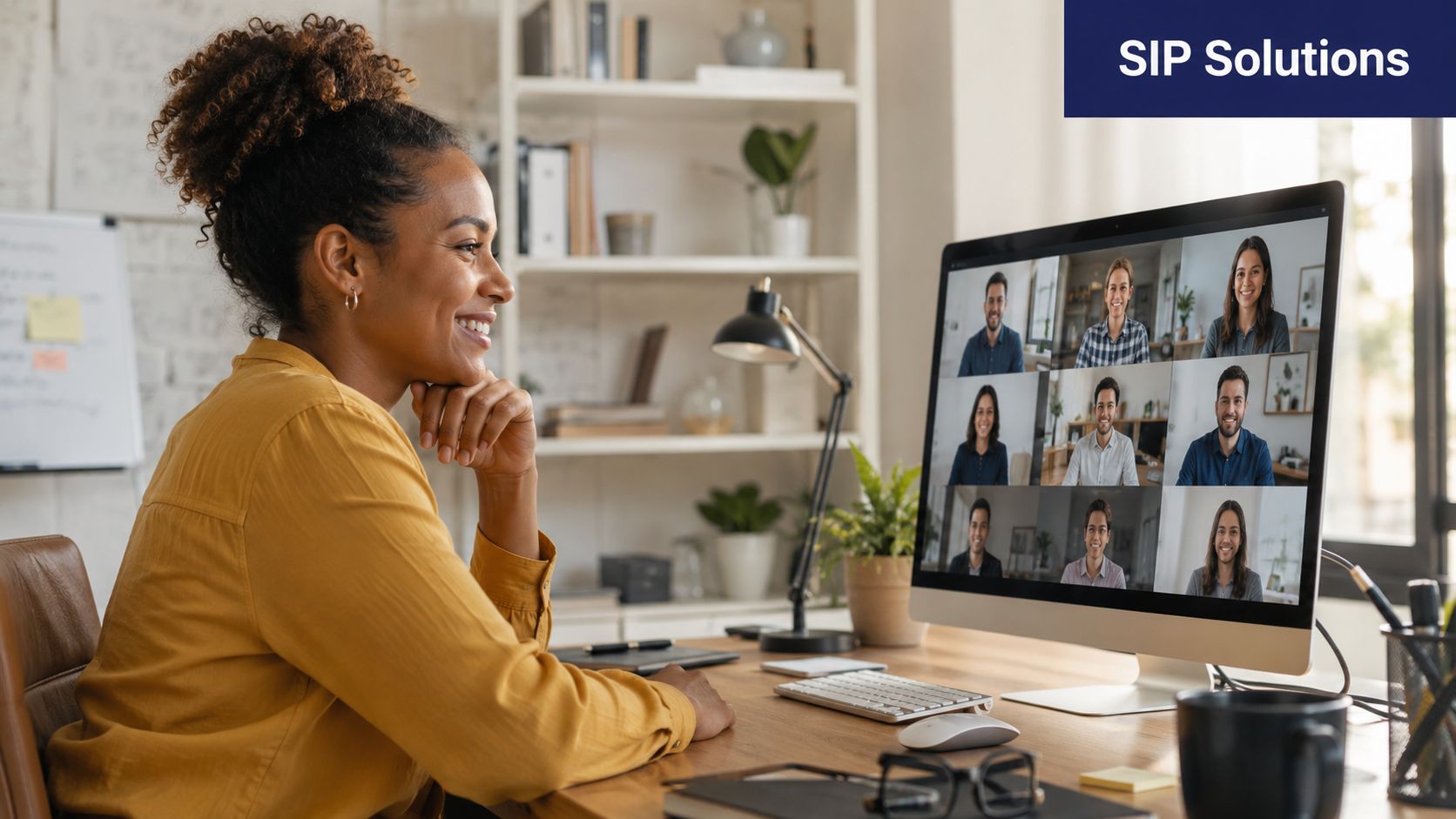 A woman in a yellow shirt participating in a remote video conference call on her computer.