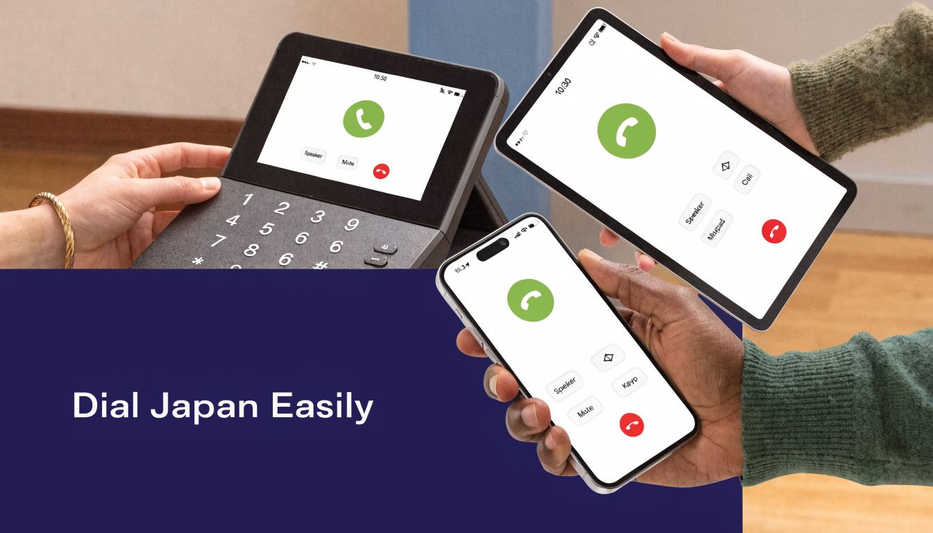 A hands-on demonstration of making calls to Japan using a desk phone, a tablet, and a smartphone.