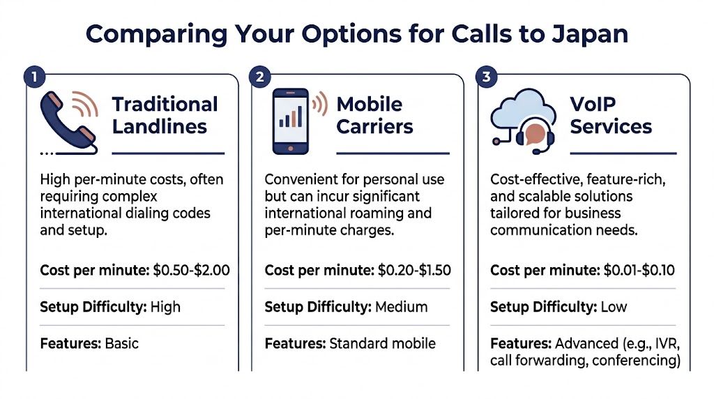 A comparison chart outlining the costs, setup difficulty, and features of landlines, mobile carriers, and VoIP services.
