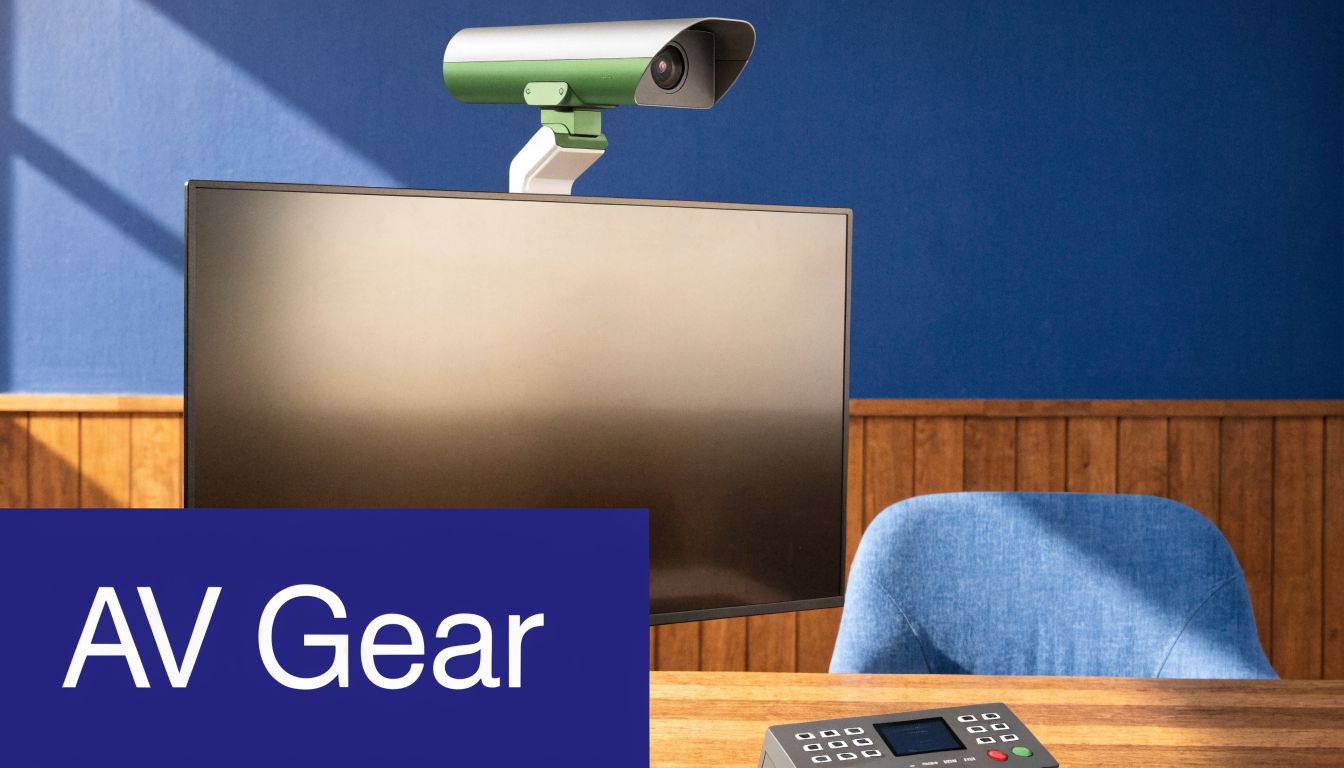 A professional conference room setup featuring a mounted video camera on top of a computer monitor
