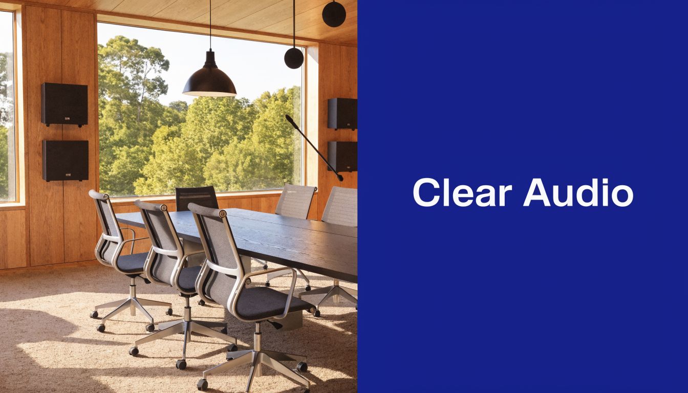A modern, professional conference room with high-end office chairs and audio equipment, overlooking green trees.