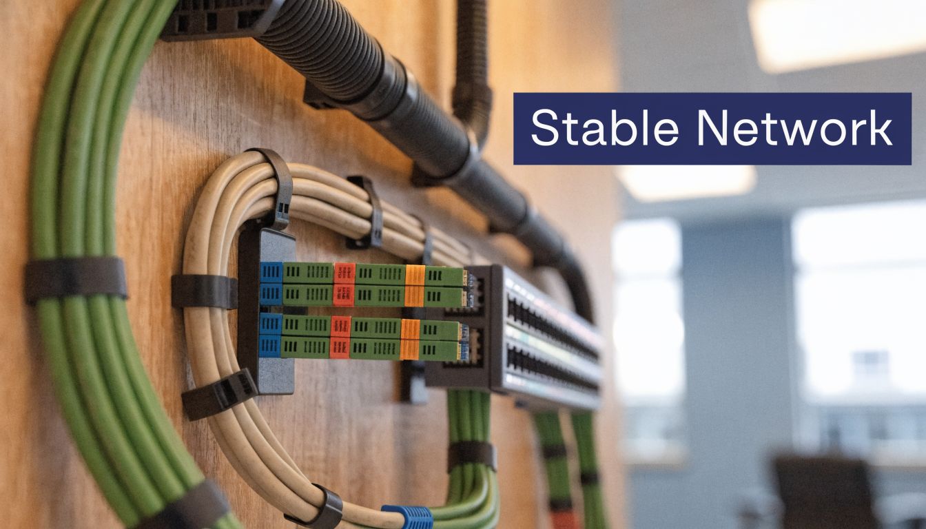 A close-up view of organized network cables and modular connectors mounted on a wooden wall panel.