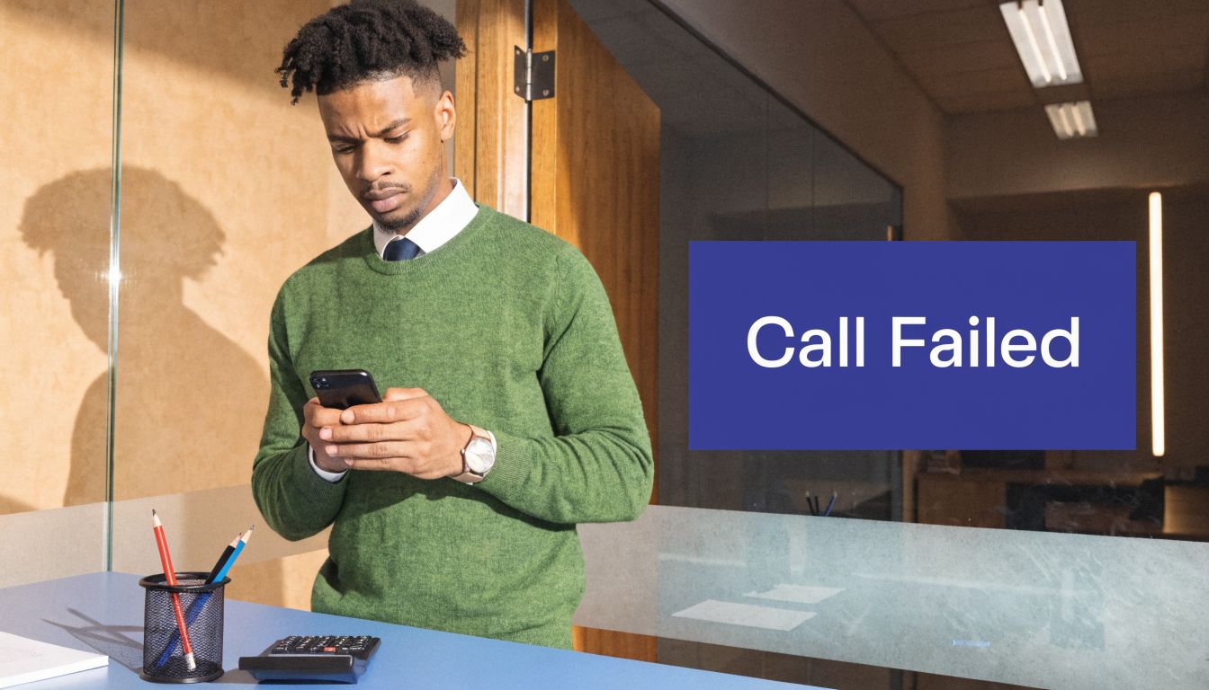 A man in a green sweater looks at his smartphone with a frustrated expression in an office.