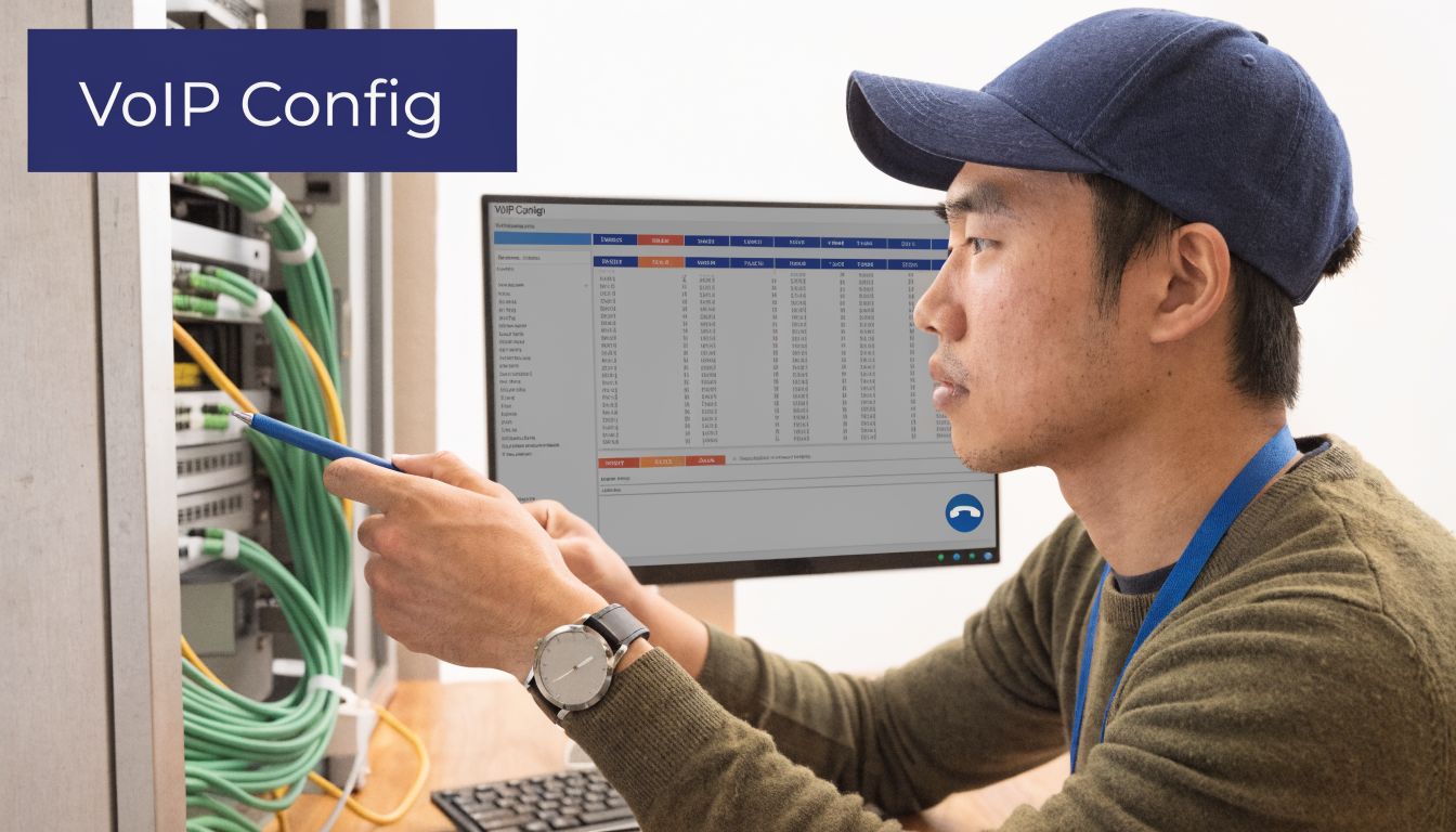 A technician wearing a cap points at a server rack while configuring VoIP systems on a computer monitor.