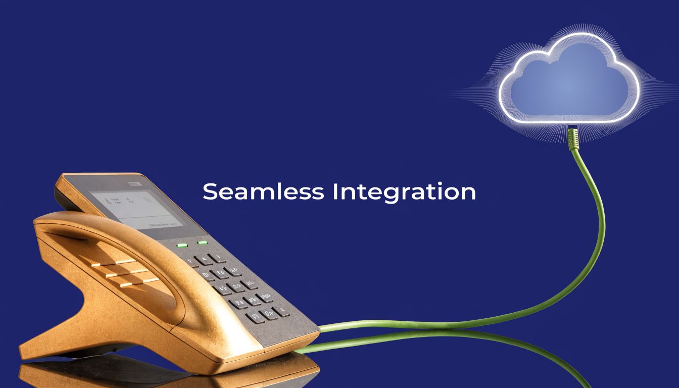 A modern gold desk phone connected by a green cable to a digital glowing cloud icon.