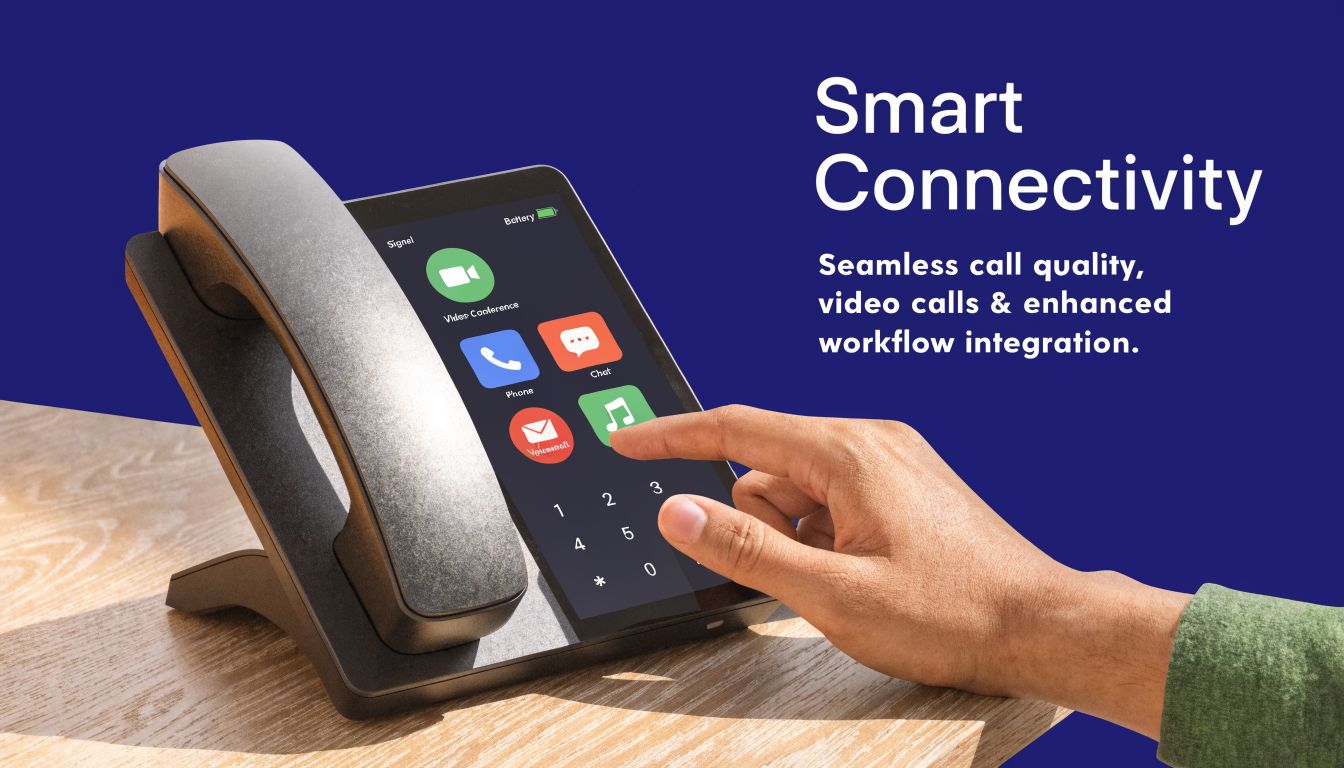 A hand touching the screen of a modern smart desk phone with video conferencing and office apps.