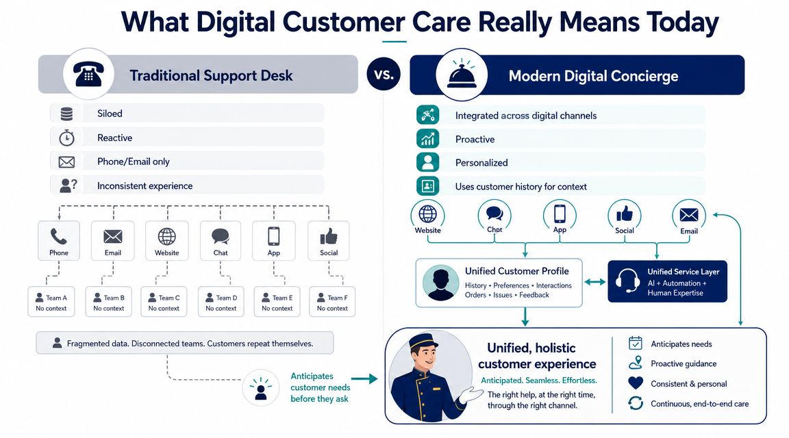 A comparison chart showing the differences between traditional support desks and modern digital concierge customer services.