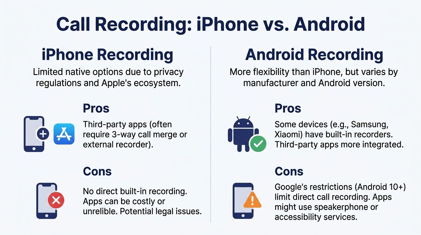 A comparison chart outlining the pros and cons of call recording on iPhone versus Android devices.